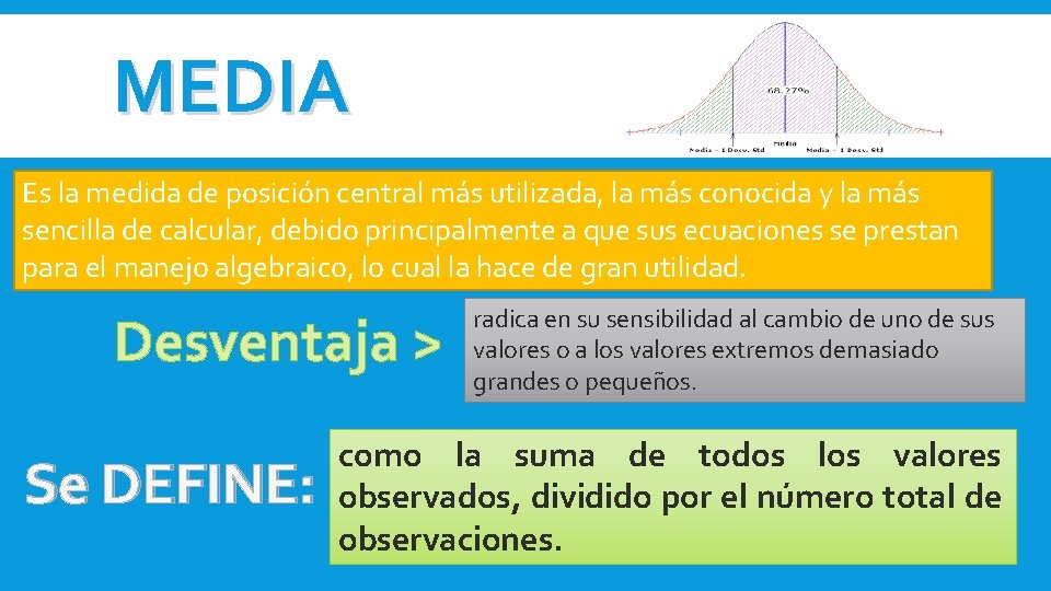 MEDIA Es la medida de posición central más utilizada, la más conocida y la MEDIA Es la medida de posición central más utilizada, la más conocida y la
