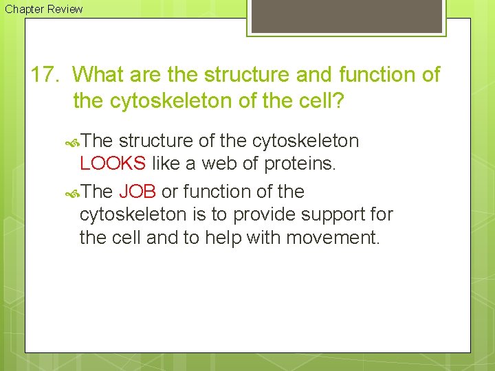 Chapter Review 17. What are the structure and function of the cytoskeleton of the