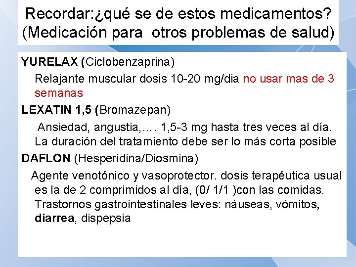Recordar: ¿qué se de estos medicamentos? (Medicación para otros problemas de salud) YURELAX (Ciclobenzaprina)