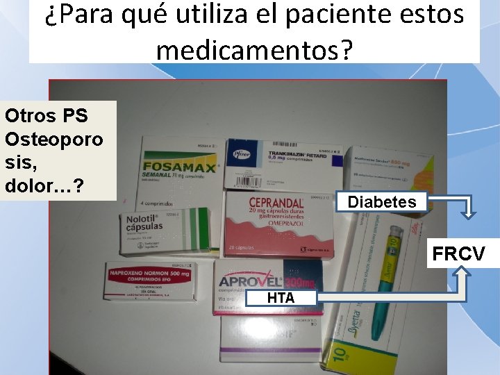 ¿Para qué utiliza el paciente estos medicamentos? Otros PS Osteoporo sis, dolor…? Diabetes FRCV