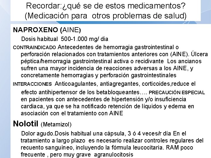 Recordar: ¿qué se de estos medicamentos? (Medicación para otros problemas de salud) NAPROXENO (AINE)