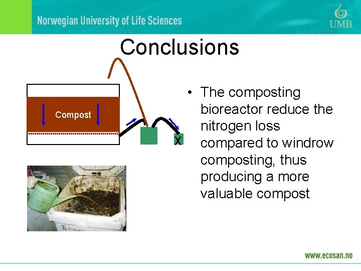 Conclusions Compost • The composting bioreactor reduce the nitrogen loss x compared to windrow