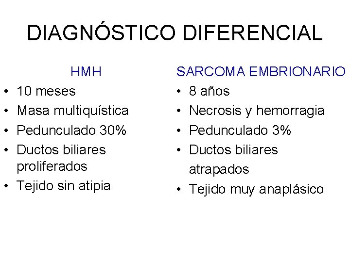 DIAGNÓSTICO DIFERENCIAL • • • HMH 10 meses Masa multiquística Pedunculado 30% Ductos biliares