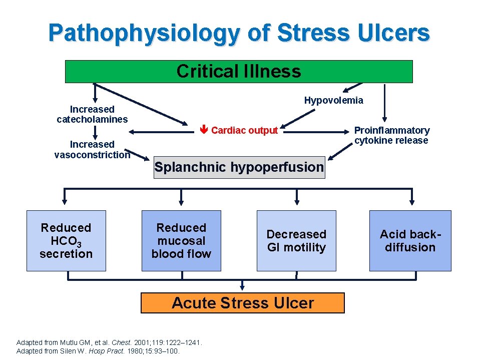 Pathophysiology of Stress Ulcers Critical Illness Hypovolemia Increased catecholamines Cardiac output Increased vasoconstriction Reduced Pathophysiology of Stress Ulcers Critical Illness Hypovolemia Increased catecholamines Cardiac output Increased vasoconstriction Reduced