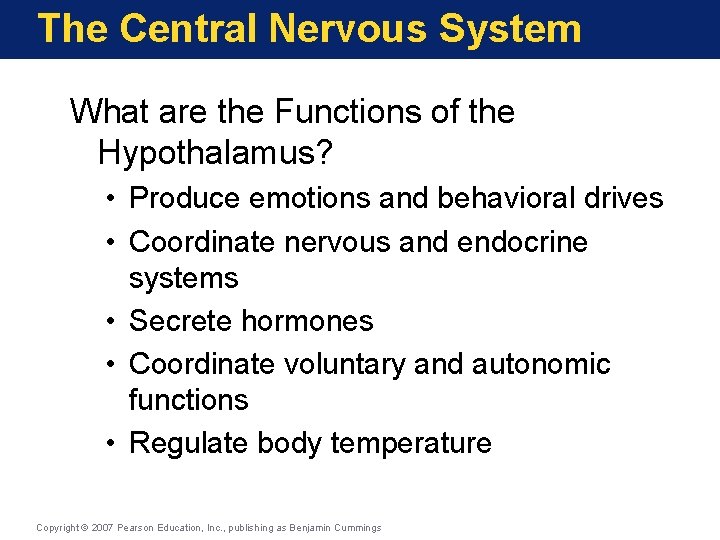 The Central Nervous System What are the Functions of the Hypothalamus? • Produce emotions