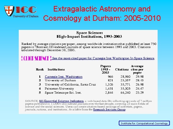 University of Durham Extragalactic Astronomy and Cosmology at Durham: 2005 -2010 Institute for Computational