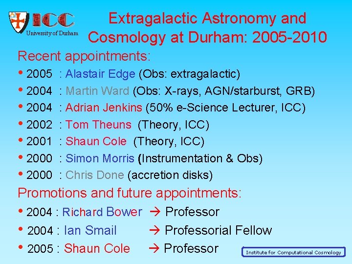 University of Durham Extragalactic Astronomy and Cosmology at Durham: 2005 -2010 Recent appointments: •