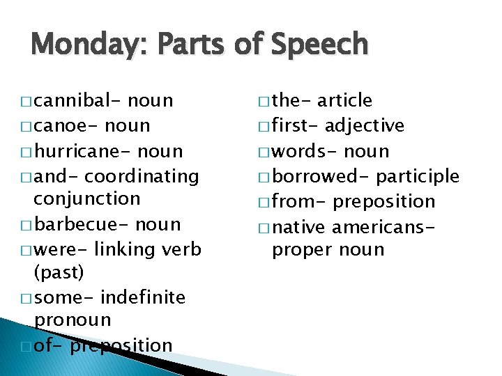 Monday: Parts of Speech � cannibal- noun � canoe- noun � hurricane- noun �