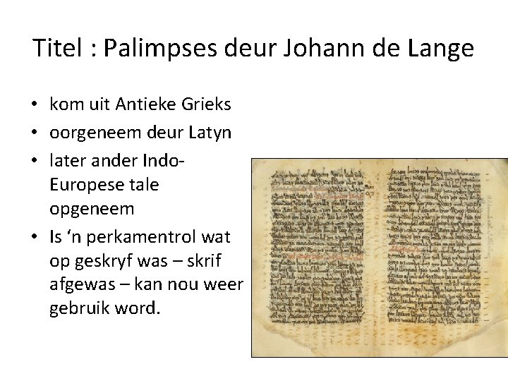 Titel : Palimpses deur Johann de Lange • kom uit Antieke Grieks • oorgeneem