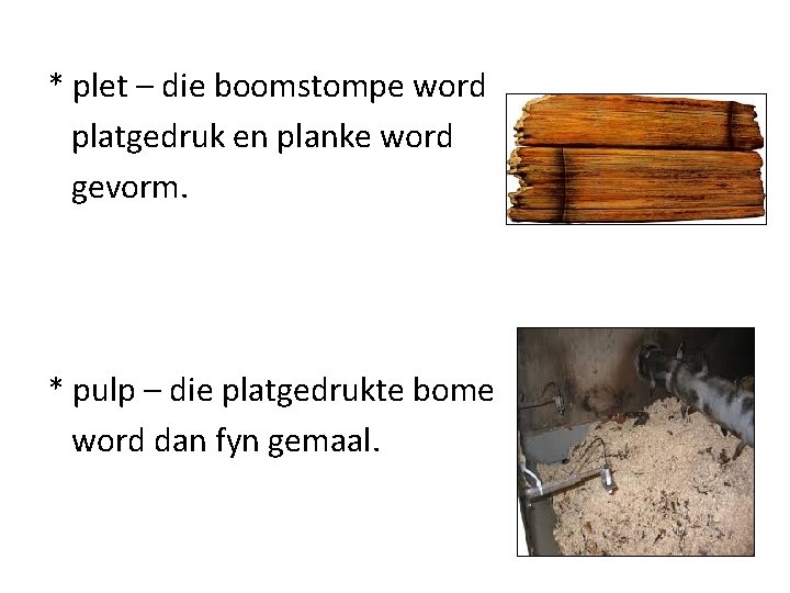 * plet – die boomstompe word platgedruk en planke word gevorm. * pulp –