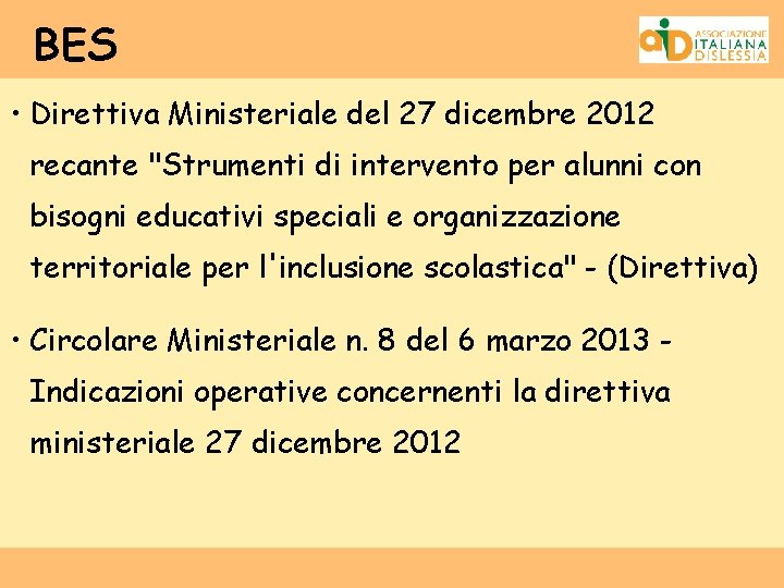 BES • Direttiva Ministeriale del 27 dicembre 2012 recante "Strumenti di intervento per alunni