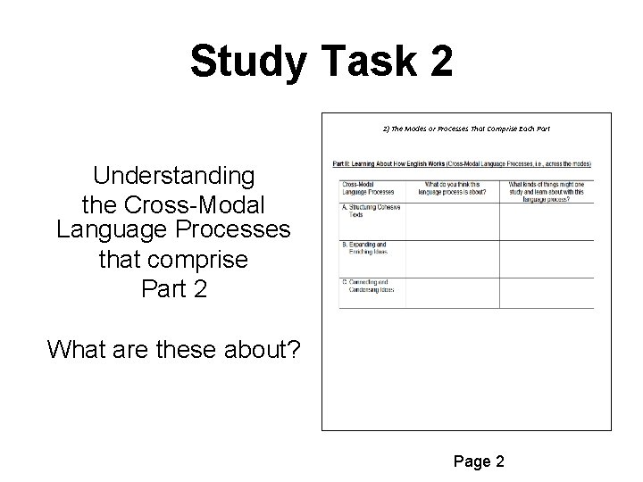 Study Task 2 2) The Modes or Processes That Comprise Each Part Understanding the Study Task 2 2) The Modes or Processes That Comprise Each Part Understanding the