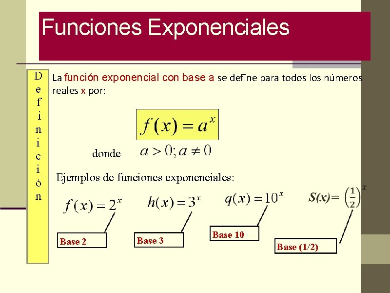 Funciones Exponenciales D La función exponencial con base a se define para todos los