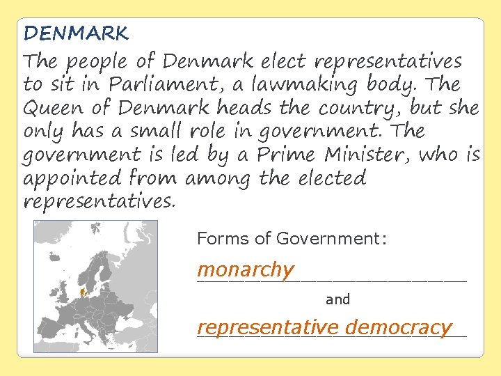 DENMARK The people of Denmark elect representatives to sit in Parliament, a lawmaking body.