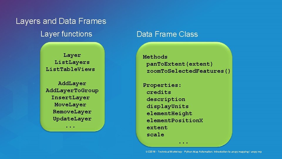 Layers and Data Frames Layer functions Data Frame Class Layer List. Layers List. Table.