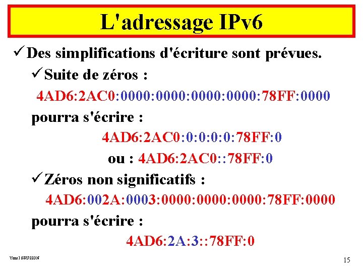 L'adressage IPv 6 ü Des simplifications d'écriture sont prévues. üSuite de zéros : 4