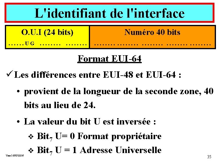 L'identifiant de l'interface O. U. I (24 bits) Numéro 40 bits . . .