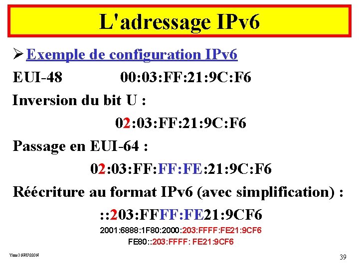 L'adressage IPv 6 Ø Exemple de configuration IPv 6 EUI-48 00: 03: FF: 21: