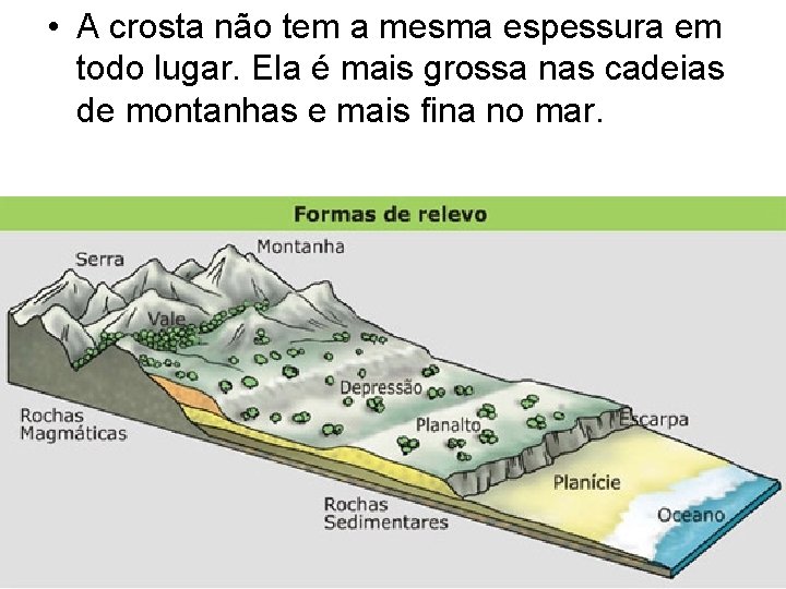 • A crosta não tem a mesma espessura em todo lugar. Ela é • A crosta não tem a mesma espessura em todo lugar. Ela é