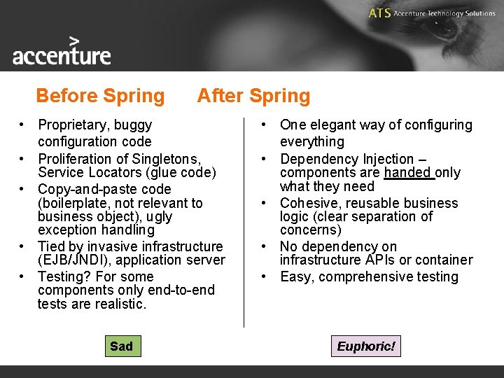 Before Spring After Spring • Proprietary, buggy configuration code • Proliferation of Singletons, Service
