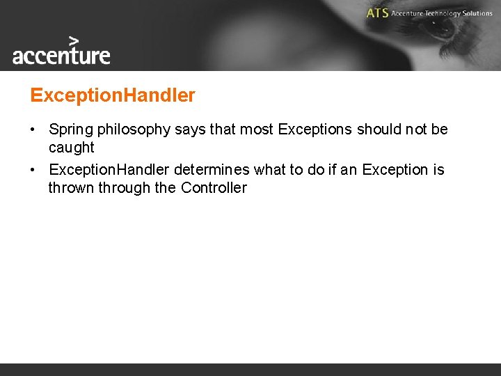 Exception. Handler • Spring philosophy says that most Exceptions should not be caught •