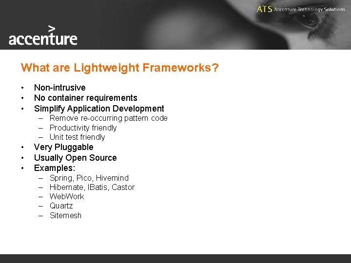 What are Lightweight Frameworks? • • • Non-intrusive No container requirements Simplify Application Development
