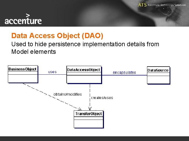 Data Access Object (DAO) Used to hide persistence implementation details from Model elements 