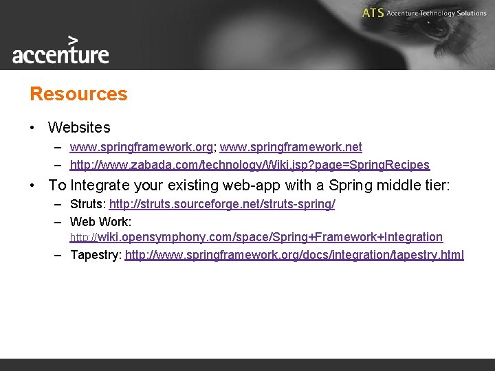 Resources • Websites – www. springframework. org; www. springframework. net – http: //www. zabada.