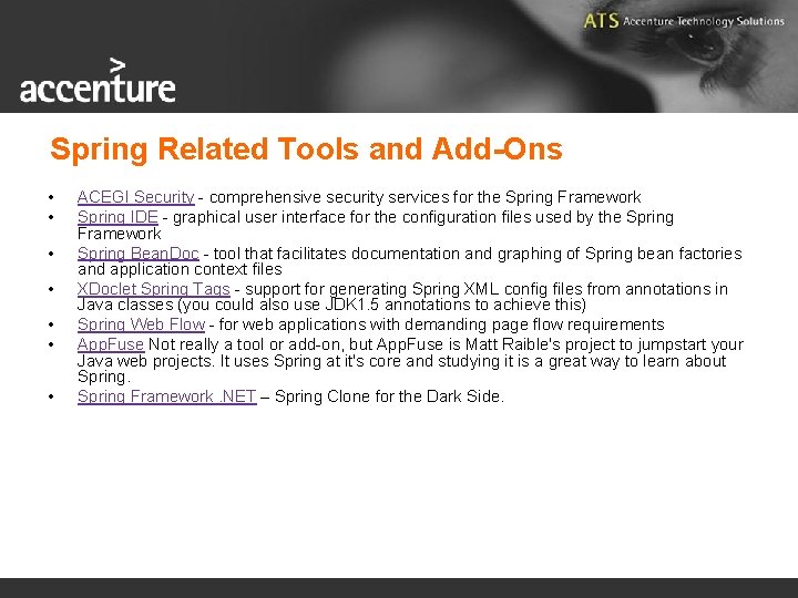 Spring Related Tools and Add-Ons • • ACEGI Security - comprehensive security services for