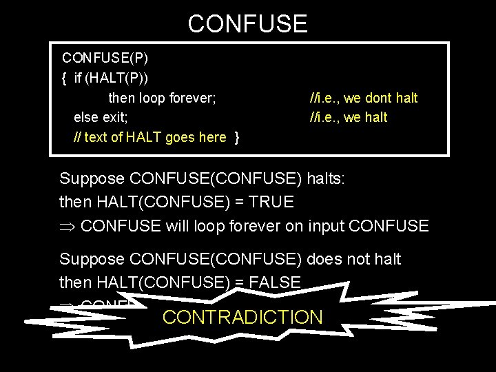 CONFUSE(P) { if (HALT(P)) then loop forever; else exit; // text of HALT goes