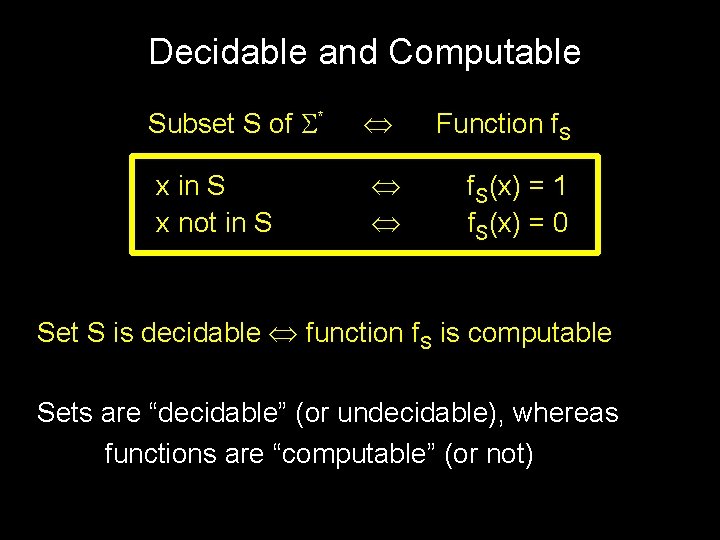 Decidable and Computable Subset S of * Function f. S x in S x