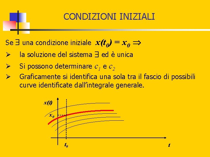 CONDIZIONI INIZIALI Se una condizione iniziale x(t 0) = x 0 Ø la soluzione CONDIZIONI INIZIALI Se una condizione iniziale x(t 0) = x 0 Ø la soluzione