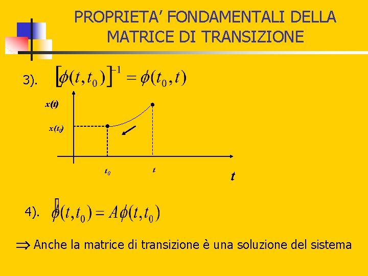 PROPRIETA’ FONDAMENTALI DELLA MATRICE DI TRANSIZIONE 3). x(t) x(t 0) t 0 t t PROPRIETA’ FONDAMENTALI DELLA MATRICE DI TRANSIZIONE 3). x(t) x(t 0) t 0 t t