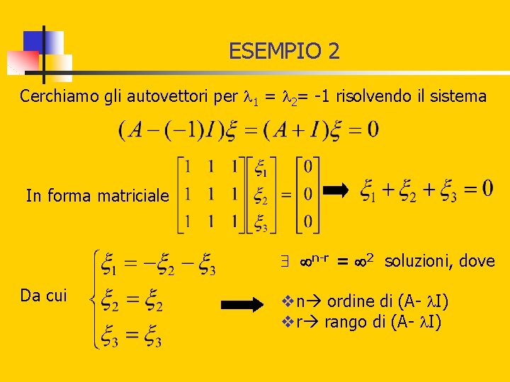 ESEMPIO 2 Cerchiamo gli autovettori per 1 = 2= -1 risolvendo il sistema In ESEMPIO 2 Cerchiamo gli autovettori per 1 = 2= -1 risolvendo il sistema In