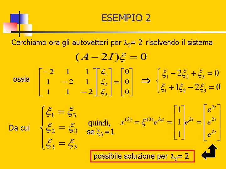 ESEMPIO 2 Cerchiamo ora gli autovettori per 3= 2 risolvendo il sistema ossia Da ESEMPIO 2 Cerchiamo ora gli autovettori per 3= 2 risolvendo il sistema ossia Da