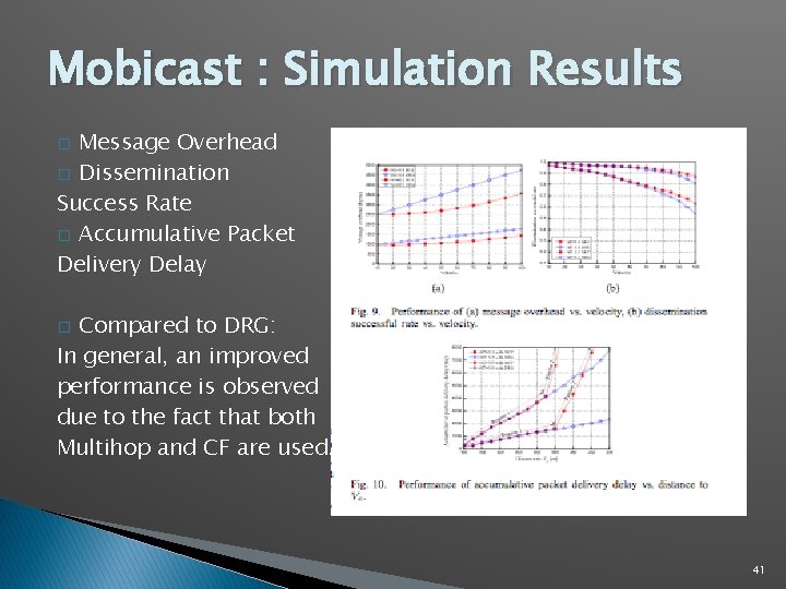 Mobicast : Simulation Results Message Overhead � Dissemination Success Rate � Accumulative Packet Delivery Mobicast : Simulation Results Message Overhead � Dissemination Success Rate � Accumulative Packet Delivery