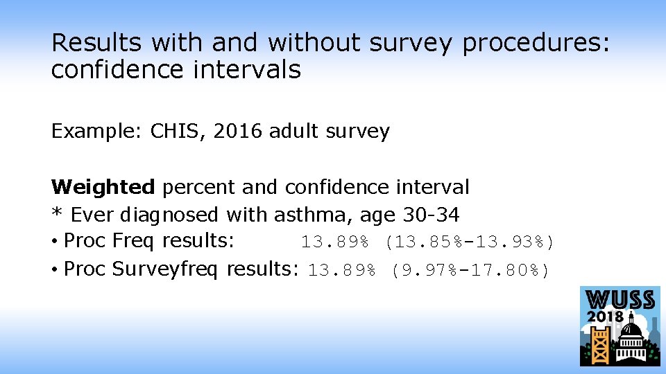 Results with and without survey procedures: confidence intervals Example: CHIS, 2016 adult survey Weighted