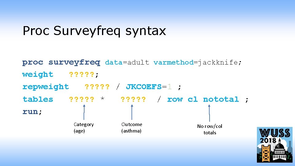 Proc Surveyfreq syntax proc surveyfreq data=adult varmethod=jackknife; weight ? ? ? ; repweight ?