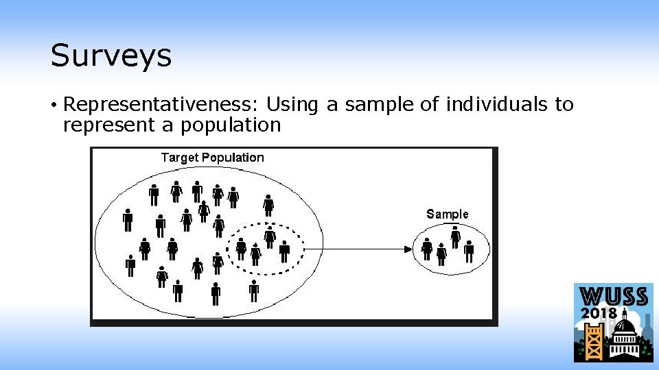 Surveys • Representativeness: Using a sample of individuals to represent a population 