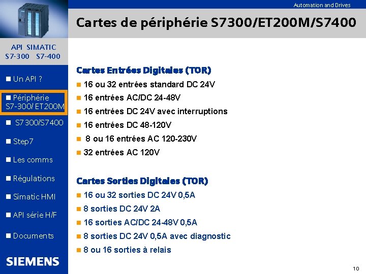 Automation and Drives Cartes de périphérie S 7300/ET 200 M/S 7400 API SIMATIC S