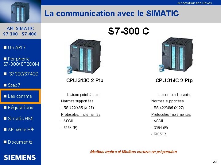 Automation and Drives La communication avec le SIMATIC S 7 -300 C API SIMATIC