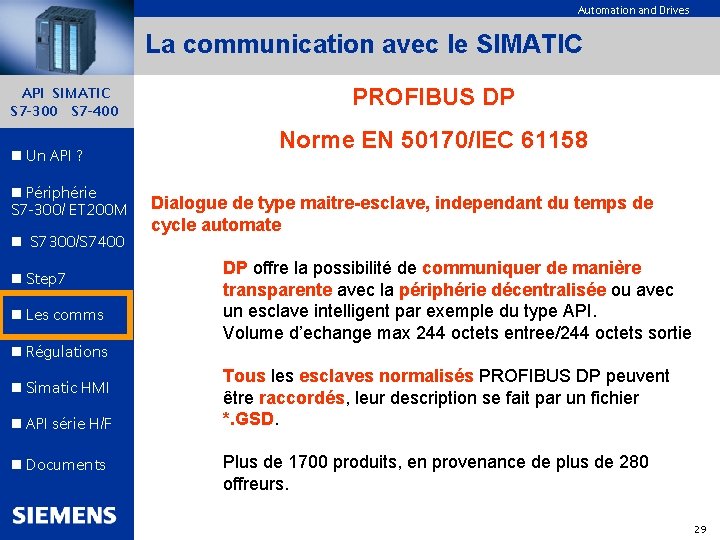 Automation and Drives La communication avec le SIMATIC API SIMATIC S 7 -300 S