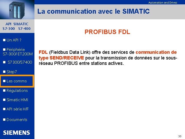 Automation and Drives La communication avec le SIMATIC API SIMATIC S 7 -300 S