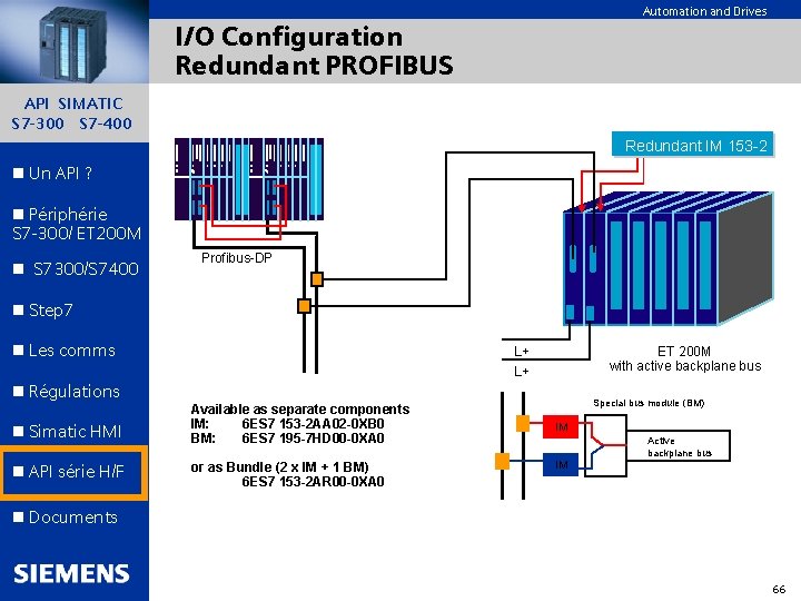 Automation and Drives I/O Configuration Redundant PROFIBUS API SIMATIC S 7 -300 S 7