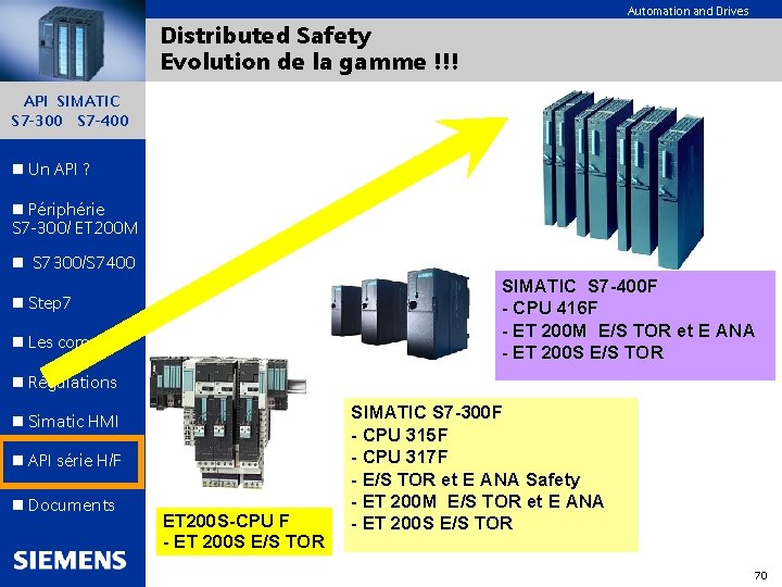 Automation and Drives Distributed Safety Evolution de la gamme !!! API SIMATIC S 7