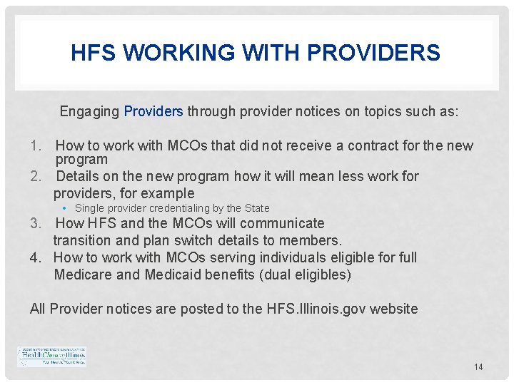 HFS WORKING WITH PROVIDERS Engaging Providers through provider notices on topics such as: 1.