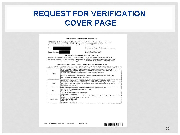 REQUEST FOR VERIFICATION COVER PAGE 25 