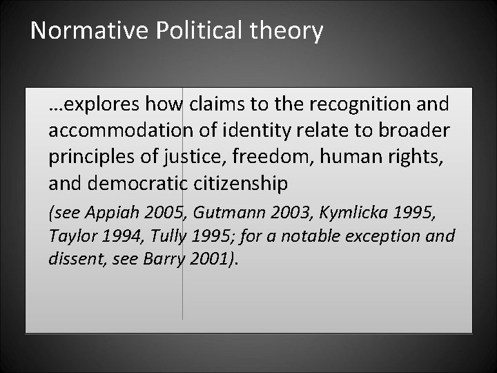 Normative Political theory …explores how claims to the recognition and accommodation of identity relate