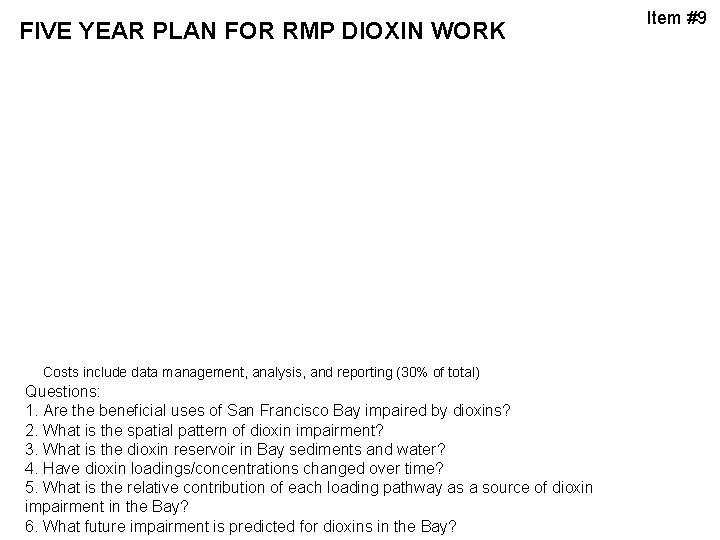 FIVE YEAR PLAN FOR RMP DIOXIN WORK Costs include data management, analysis, and reporting