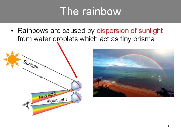 The rainbow • Rainbows are caused by dispersion of sunlight from water droplets which